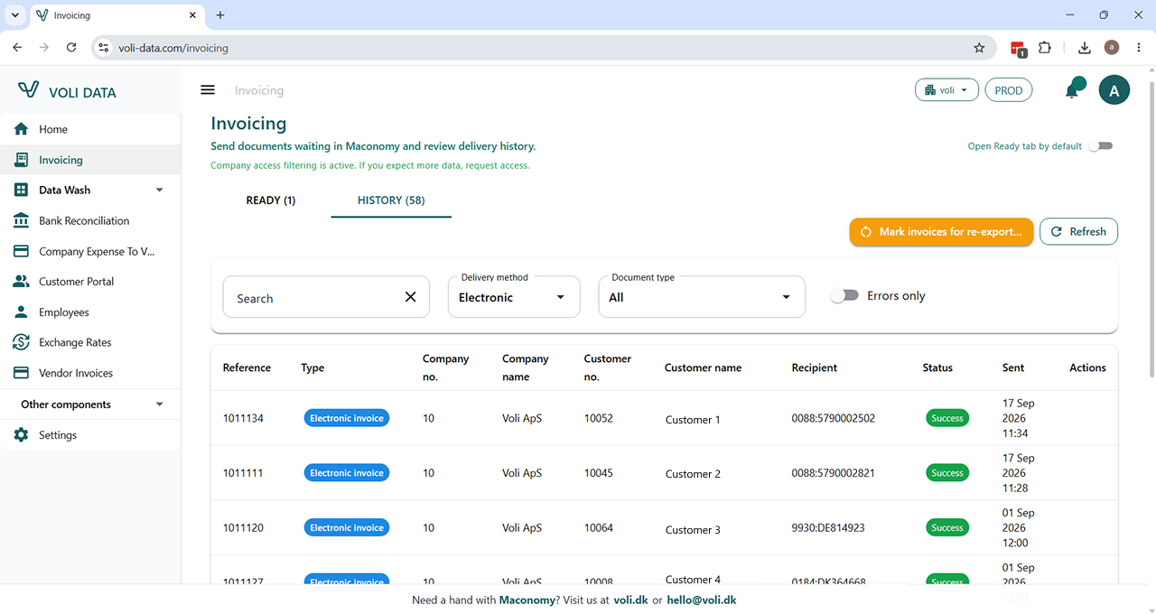 Electronic invoice delivery overview with ready and history tabs